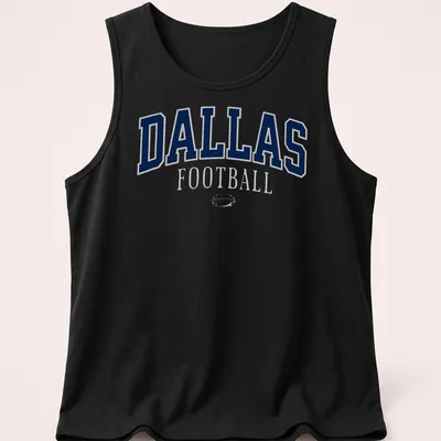 Retro DALLAS Football t-shirt with bold lettering in navy, white, and gray — printed on a tank top