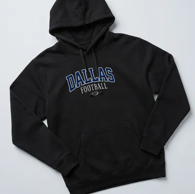 Retro DALLAS Football t-shirt with bold lettering in navy, white, and gray — printed on a unisex hoodie
