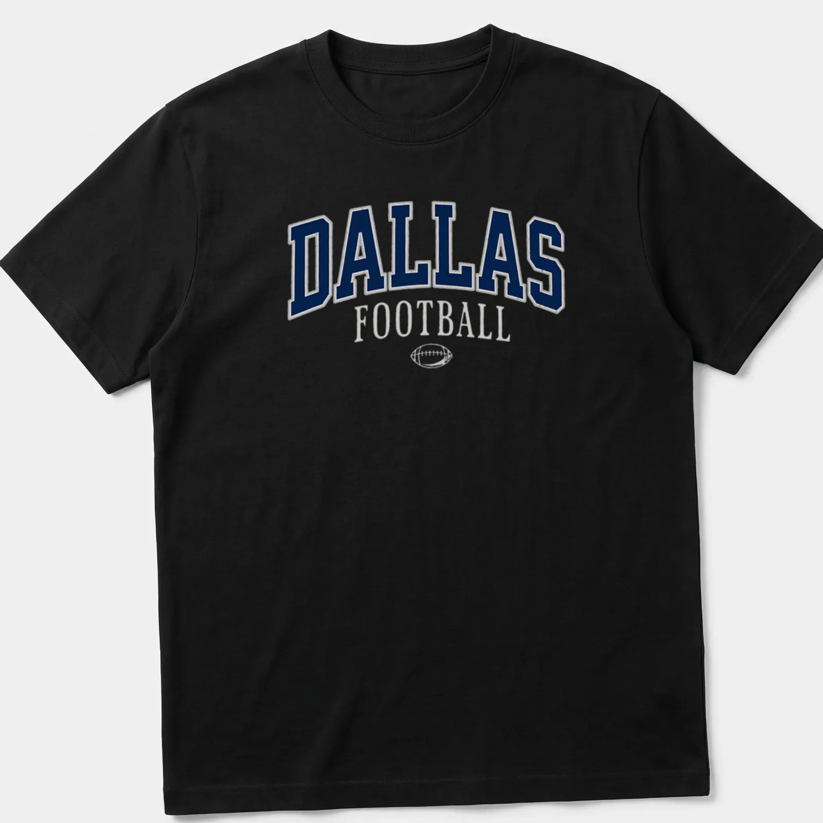 Retro DALLAS Football t-shirt with bold lettering in navy, white, and gray — printed on a unisex t-shirt
