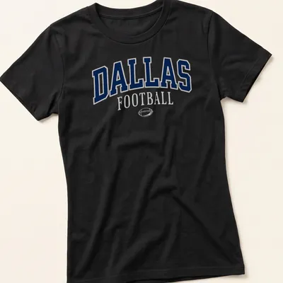 Retro DALLAS Football t-shirt with bold lettering in navy, white, and gray — printed on a women's shirt