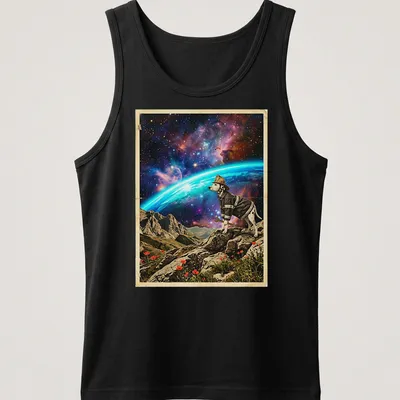 Dalmatian firefighter looking at a colorful cosmic horizon in a whimsical style — printed on a tank top