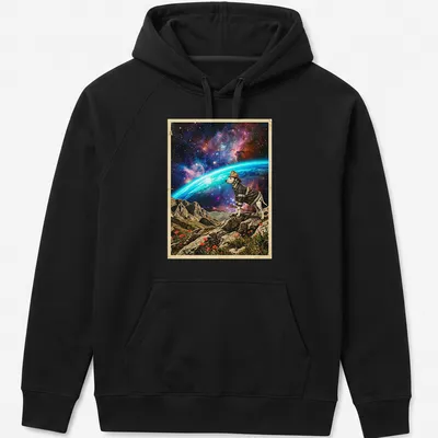 Dalmatian firefighter looking at a colorful cosmic horizon in a whimsical style — printed on a unisex hoodie