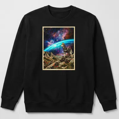 Dalmatian firefighter looking at a colorful cosmic horizon in a whimsical style — printed on a unisex sweatshirt