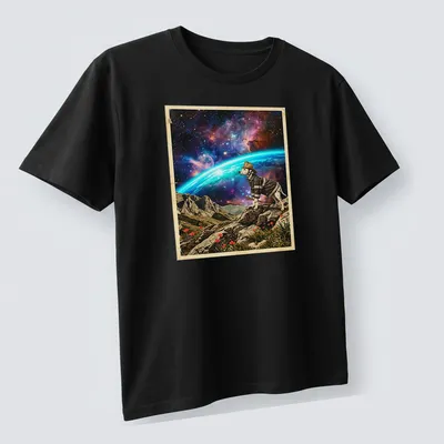 Dalmatian firefighter looking at a colorful cosmic horizon in a whimsical style — printed on a unisex t-shirt (angled view)