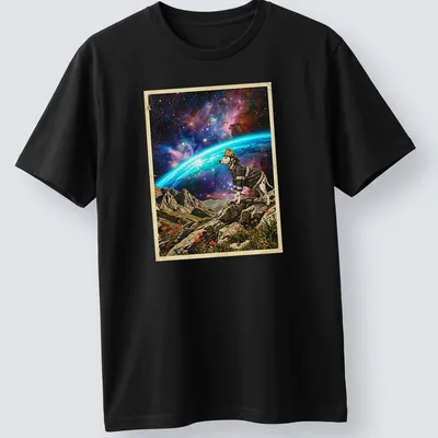 Dalmatian firefighter looking at a colorful cosmic horizon in a whimsical style