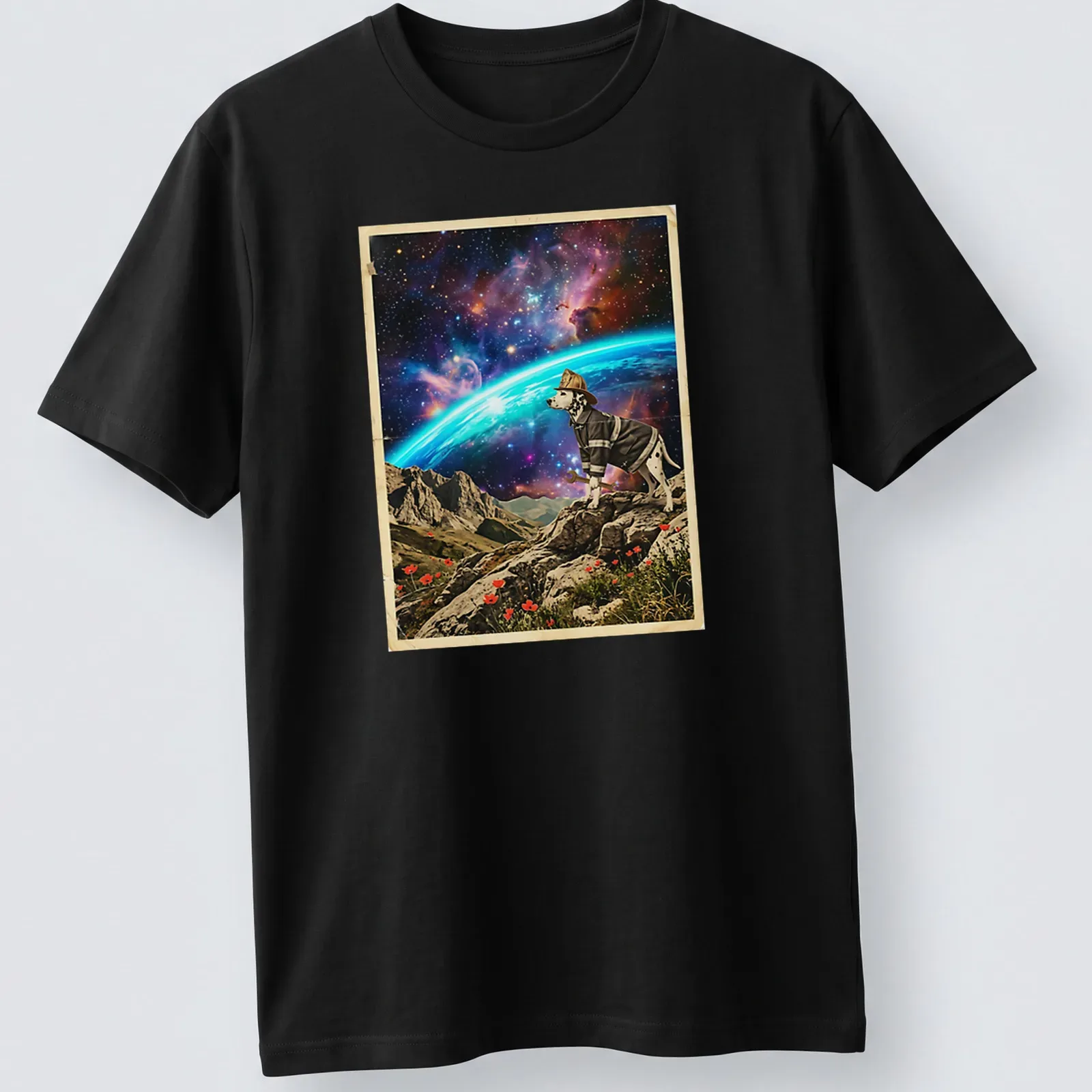 Dalmatian firefighter looking at a colorful cosmic horizon in a whimsical style — printed on a unisex t-shirt
