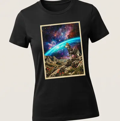 Dalmatian firefighter looking at a colorful cosmic horizon in a whimsical style — printed on a women's shirt