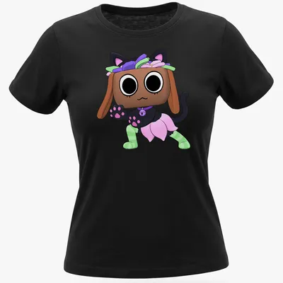Kawaii Halloween cat character t-shirt in bright colors — printed on a women's shirt