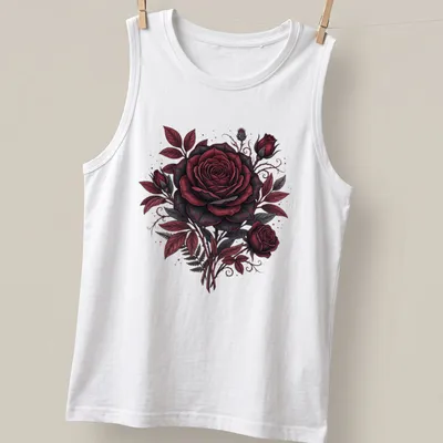 Gothic aesthetic t-shirt featuring a dark crimson red rose bouquet — printed on a tank top