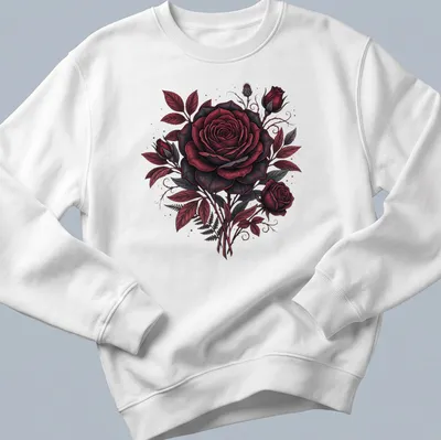 Gothic aesthetic t-shirt featuring a dark crimson red rose bouquet — printed on a unisex sweatshirt