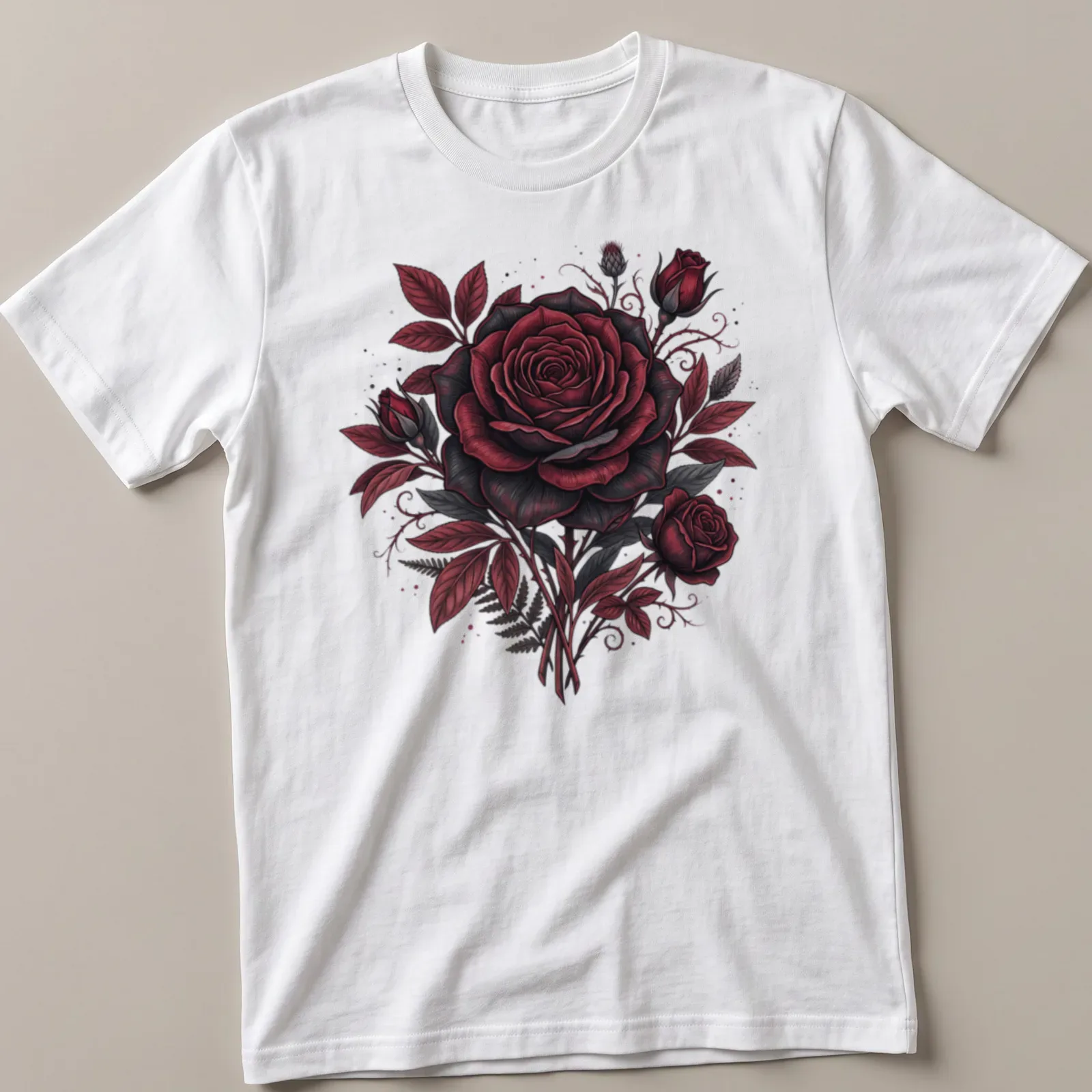 Gothic aesthetic t-shirt featuring a dark crimson red rose bouquet — printed on a unisex t-shirt