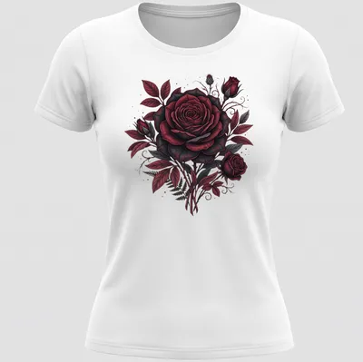 Gothic aesthetic t-shirt featuring a dark crimson red rose bouquet — printed on a women's shirt