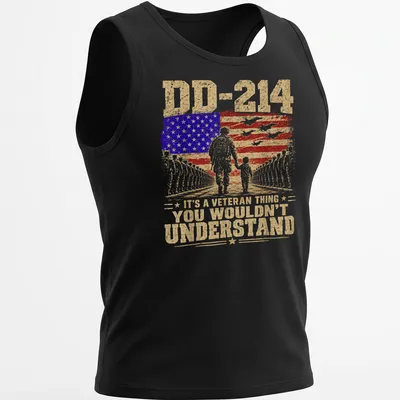 Vintage distressed t-shirt featuring a soldier and child with DD-214 text — printed on a tank top
