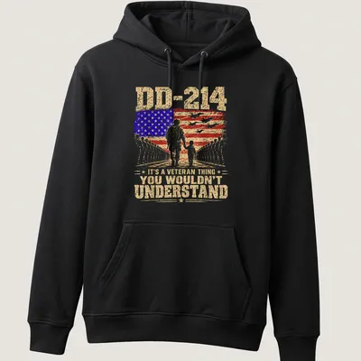Vintage distressed t-shirt featuring a soldier and child with DD-214 text — printed on a unisex hoodie