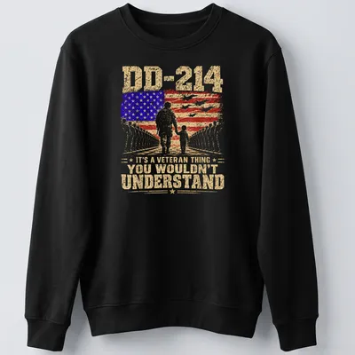 Vintage distressed t-shirt featuring a soldier and child with DD-214 text — printed on a unisex sweatshirt