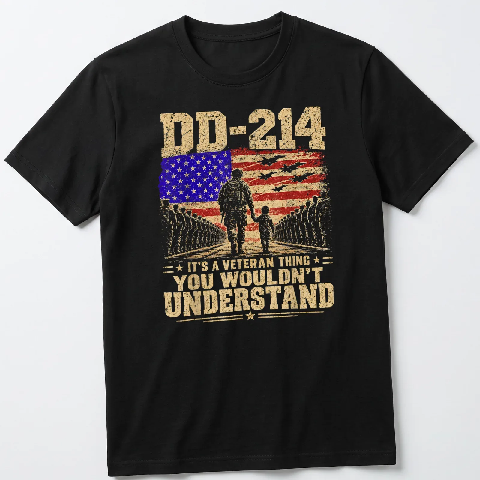 Vintage distressed t-shirt featuring a soldier and child with DD-214 text — printed on a unisex t-shirt