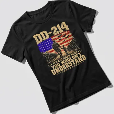 Vintage distressed t-shirt featuring a soldier and child with DD-214 text — printed on a women's shirt