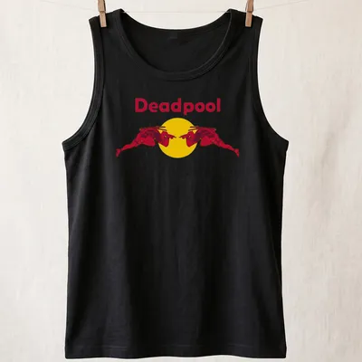 Bold graphic of Deadpool in a red silhouette with yellow accents — printed on a tank top