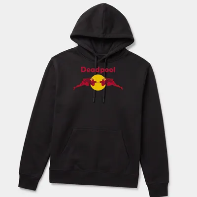 Bold graphic of Deadpool in a red silhouette with yellow accents — printed on a unisex hoodie