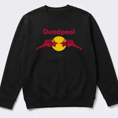 Bold graphic of Deadpool in a red silhouette with yellow accents — printed on a unisex sweatshirt