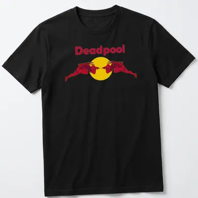 Bold graphic of Deadpool in a red silhouette with yellow accents — printed on a unisex t-shirt