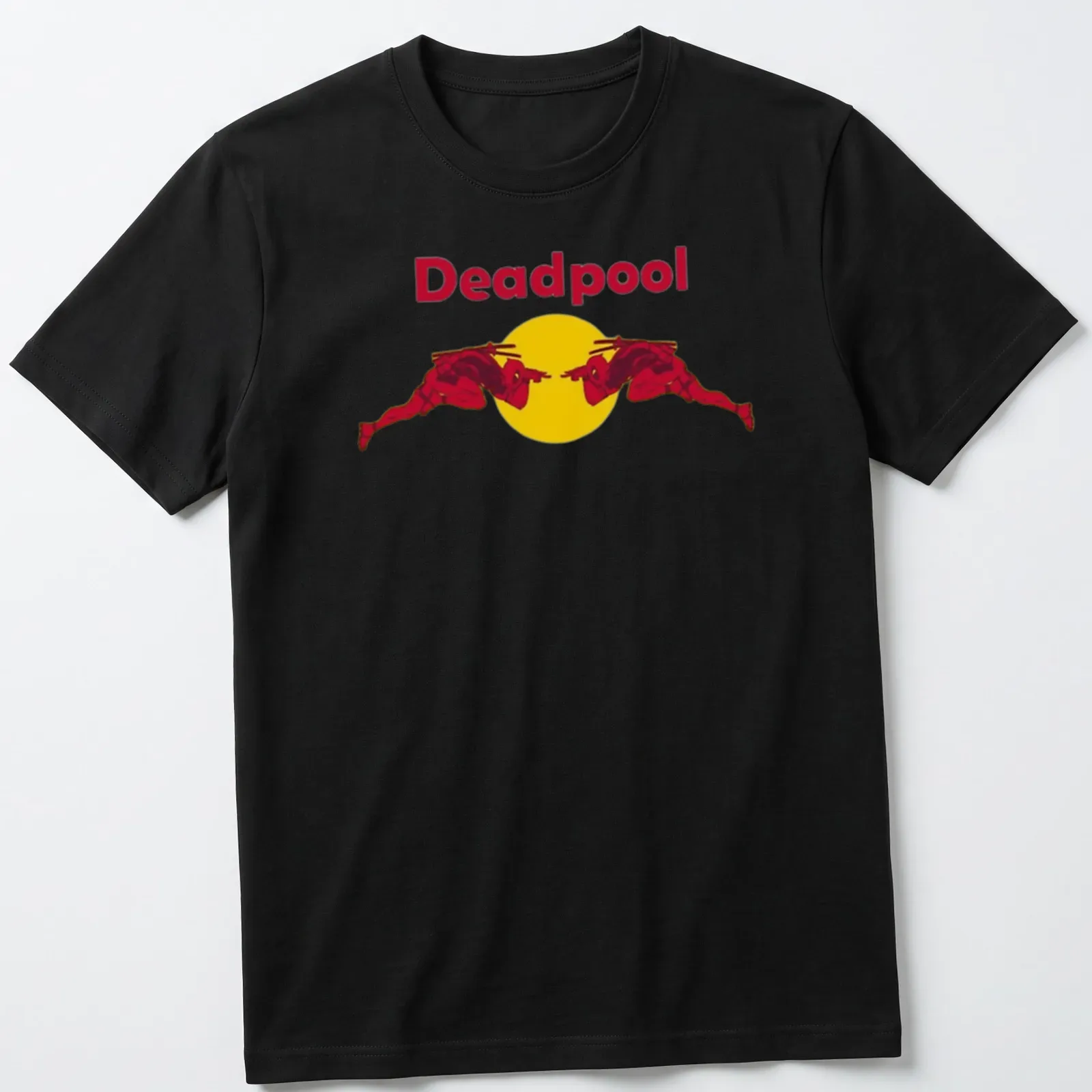 Bold graphic of Deadpool in a red silhouette with yellow accents — printed on a unisex t-shirt