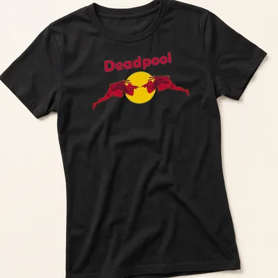 Bold graphic of Deadpool in a red silhouette with yellow accents — printed on a women's shirt