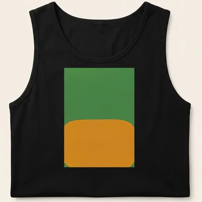 Minimalist t-shirt with abstract shapes and the text 'DerrišRe Le Miroir' in green and orange. — printed on a tank top