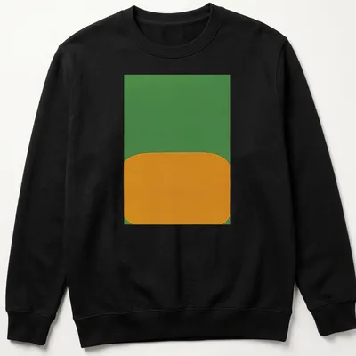 Minimalist t-shirt with abstract shapes and the text 'DerrišRe Le Miroir' in green and orange. — printed on a unisex sweatshirt