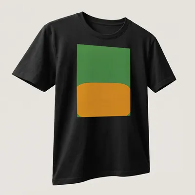 Minimalist t-shirt with abstract shapes and the text 'DerrišRe Le Miroir' in green and orange. — printed on a unisex t-shirt (angled view)