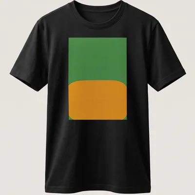 Minimalist t-shirt with abstract shapes and the text 'DerrišRe Le Miroir' in green and orange.