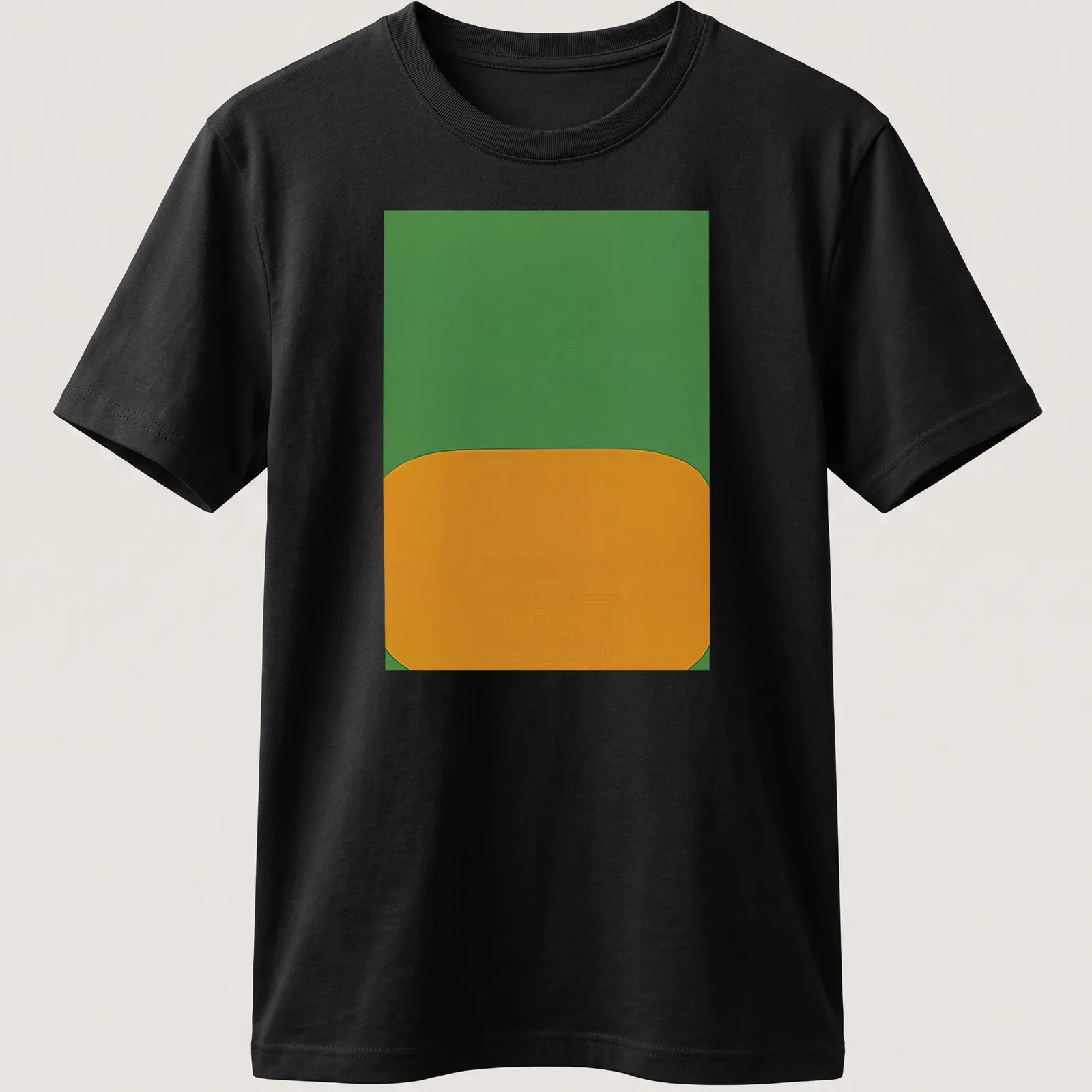 Minimalist t-shirt with abstract shapes and the text 'DerrišRe Le Miroir' in green and orange. — printed on a unisex t-shirt