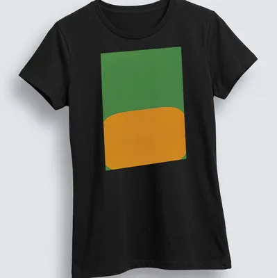 Minimalist t-shirt with abstract shapes and the text 'DerrišRe Le Miroir' in green and orange. — printed on a women's shirt