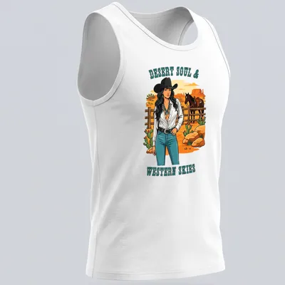 Vintage illustration of a cowgirl with turquoise jewelry and printed text. — printed on a tank top