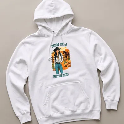 Vintage illustration of a cowgirl with turquoise jewelry and printed text. — printed on a unisex hoodie