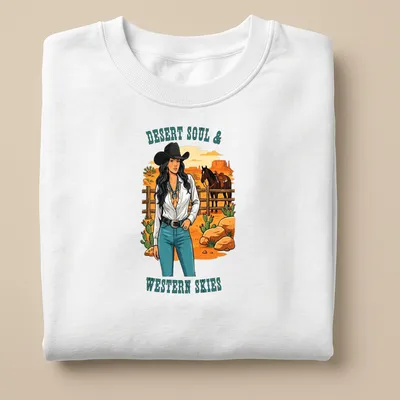 Vintage illustration of a cowgirl with turquoise jewelry and printed text. — printed on a unisex sweatshirt