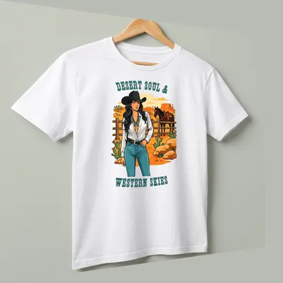 Vintage illustration of a cowgirl with turquoise jewelry and printed text. — printed on a unisex t-shirt (angled view)