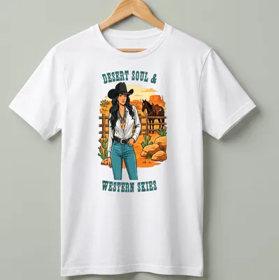 Vintage illustration of a cowgirl with turquoise jewelry and printed text. — printed on a unisex t-shirt