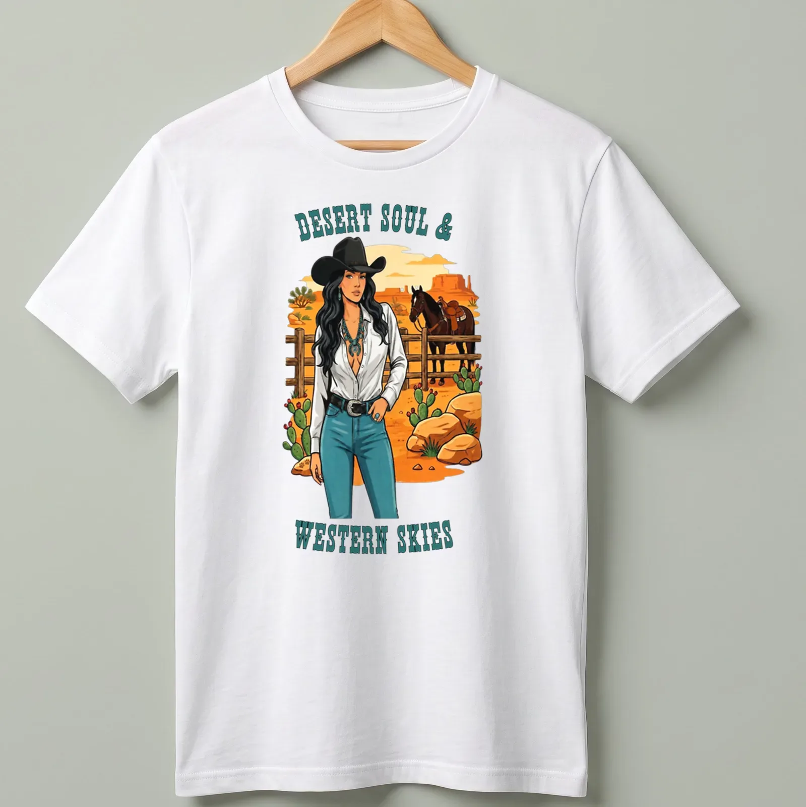 Vintage illustration of a cowgirl with turquoise jewelry and printed text. — printed on a unisex t-shirt