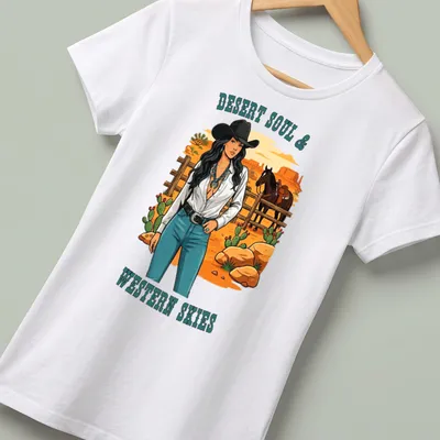 Vintage illustration of a cowgirl with turquoise jewelry and printed text. — printed on a women's shirt