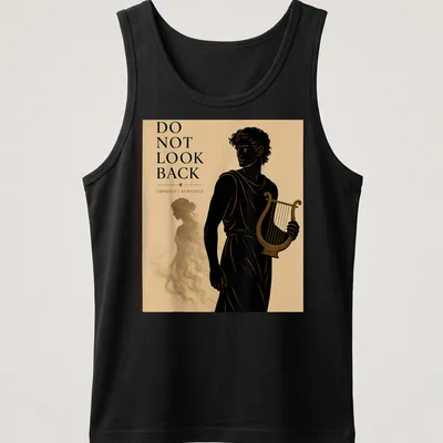Illustration of Orpheus playing the lyre with silhouette of Eurydice in black, gold, beige, and brown — printed on a tank top