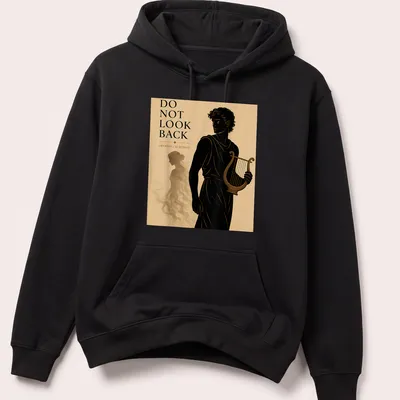 Illustration of Orpheus playing the lyre with silhouette of Eurydice in black, gold, beige, and brown — printed on a unisex hoodie
