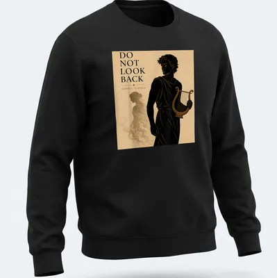 Illustration of Orpheus playing the lyre with silhouette of Eurydice in black, gold, beige, and brown — printed on a unisex sweatshirt