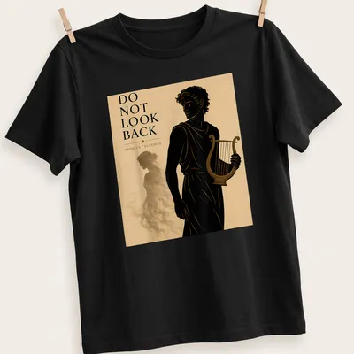 Illustration of Orpheus playing the lyre with silhouette of Eurydice in black, gold, beige, and brown — printed on a unisex t-shirt