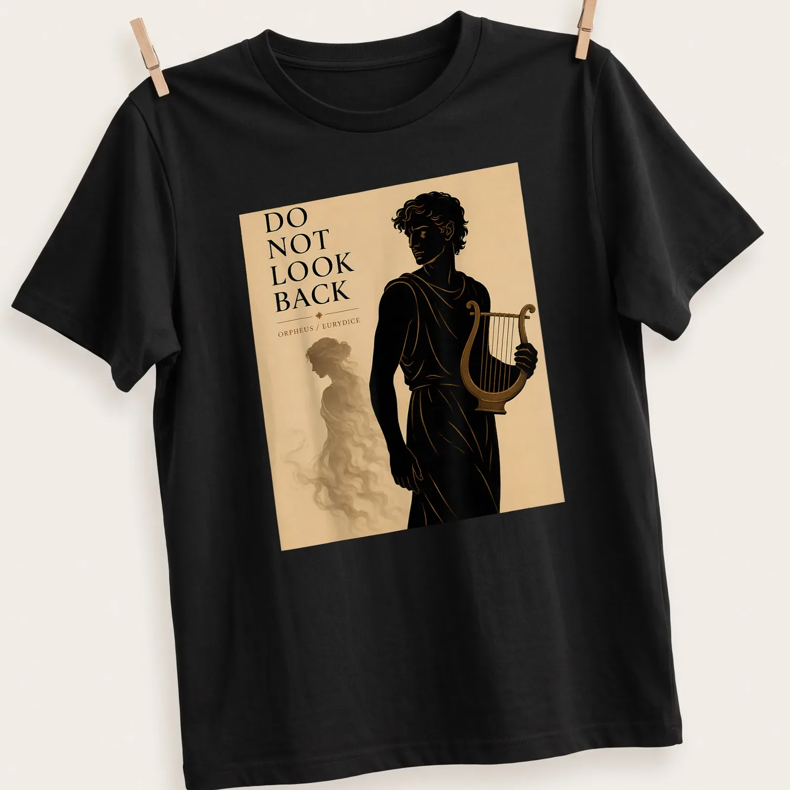 Illustration of Orpheus playing the lyre with silhouette of Eurydice in black, gold, beige, and brown — printed on a unisex t-shirt