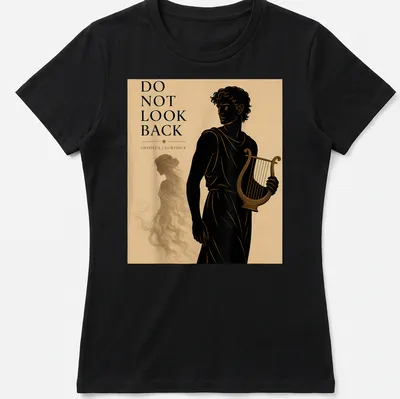 Illustration of Orpheus playing the lyre with silhouette of Eurydice in black, gold, beige, and brown — printed on a women's shirt