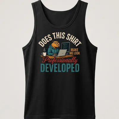 Vintage illustration of a capybara in glasses and hoodie with humorous text about professionalism — printed on a tank top