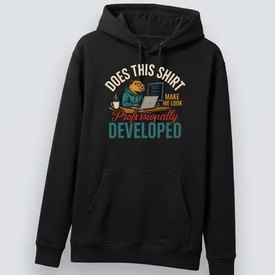 Vintage illustration of a capybara in glasses and hoodie with humorous text about professionalism — printed on a unisex hoodie