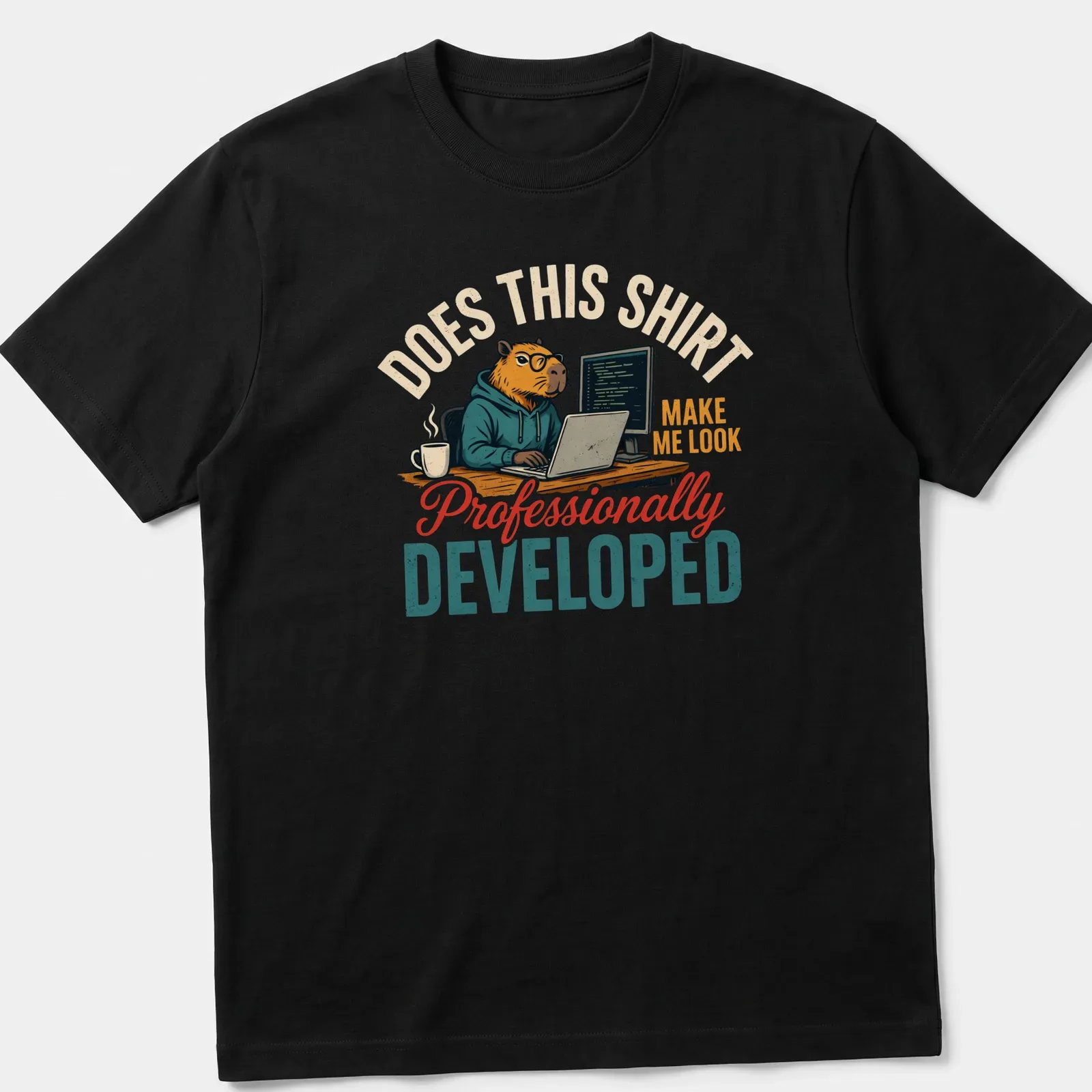 Vintage illustration of a capybara in glasses and hoodie with humorous text about professionalism — printed on a unisex t-shirt