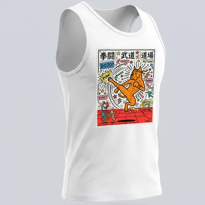 Colorful cartoon of a boxer dog with martial arts text and symbols — printed on a tank top
